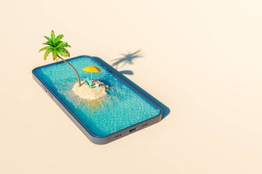Güneşli bir günde modern akıllı telefonun ekranında dalgalı denizle çevrili güneşli bir adada güneşli yataklı ve güneşli bir palmiye ağacının 3 boyutlu görüntüsünden.
