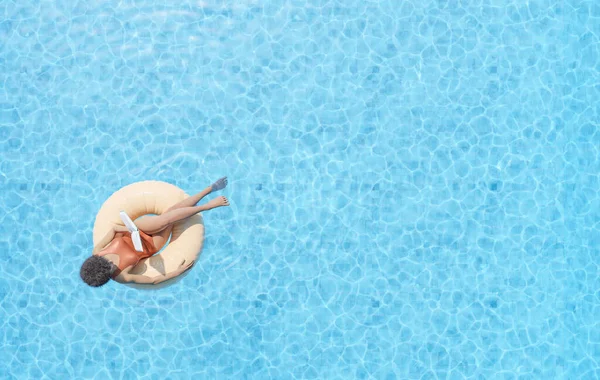 Rendering Drone View Anonymous African American Female Tourist Sitting Swim — Stock Photo, Image