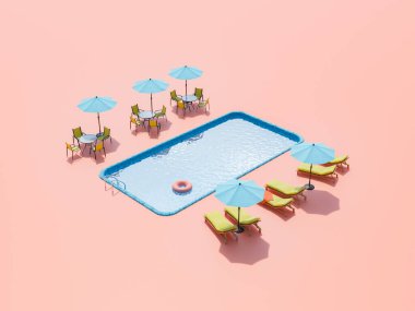 Şemsiyeli güneşliklerin yüksek açılı 3D görüntüsü ve pembe arka planda açık yüzme havuzuna yakın sandalyeli yuvarlak masalar.