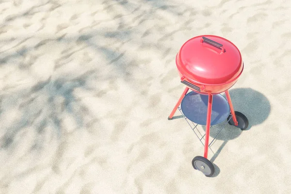 From above 3D rendering of red portable grill BBQ oven placed on sandy beach on sunny day
