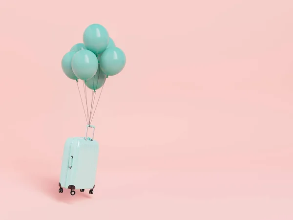蓝色氦气气球绑在硬质手提箱上 粉色背景下的三维渲染 展示了暑假和旅行的概念 — 图库照片
