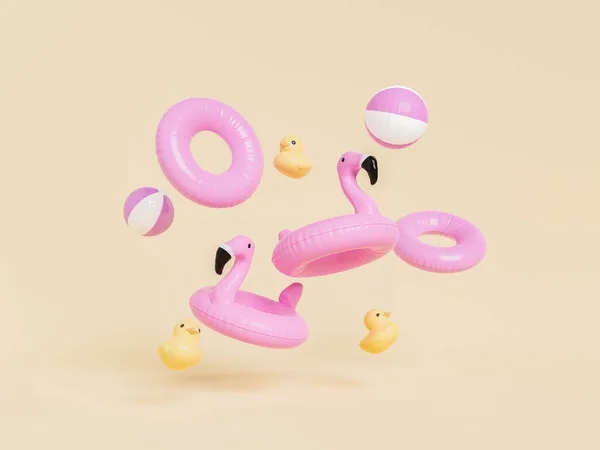 Weergave Van Roze Opblaasbare Flamingo Ballen Zwemringen Met Gele Rubberen — Stockfoto