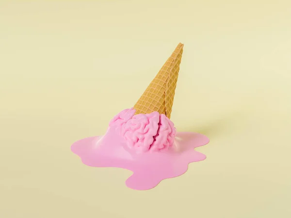 Kreatif 3 boyutlu pembe eritilmiş beynin bej arkaplana karşı waffle külahında dondurma şeklinde yorumlanması