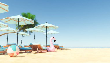 Güneşli yaz gününde bulutsuz mavi gökyüzüne karşı güneşli yatakların ve şemsiyelerin yakınındaki kumlu kumsala yerleştirilmiş şişme top ve flamingo 3D sunumu