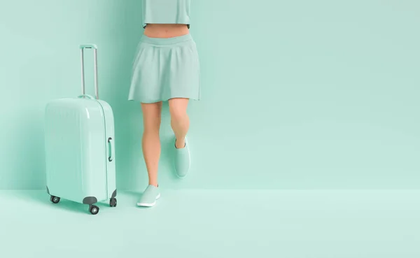 Rendering Der Ernte Unkenntlich Reisenden Lässiger Kleidung Stehen Mintfarbenen Studio — Stockfoto