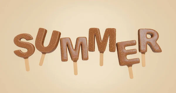 Kreative Darstellung Von Sommer Buchstabeneis Mit Schokoladenglasur Vor Beigem Hintergrund — Stockfoto