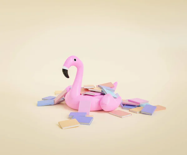 Renderelés Notebook Színes Borítók Körül Szétszórt Rózsaszín Felfújható Flamingo Ellen — Stock Fotó