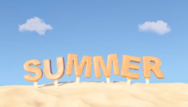 Kuma sıkışmış çubuklardaki tatlı dondurmaların 3 boyutlu çizimi ve bulutlu mavi gökyüzüne karşı yaz yazını oluşturan yazlık yazı.