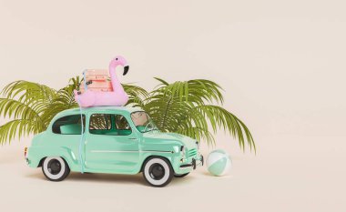 Plaj topu ve tropik palmiye yaprakları yakınına park edilmiş flamingo tüplü ve bavullu 3D vintage aracın bej arka plandaki yaz tatili boyunca çizimi