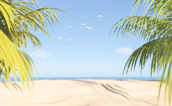 Kumlu sahilde yeşil yapraklı egzotik palmiyelerin, yaz günü deniz ve bulutlu mavi gökyüzünün üç boyutlu çizimi.