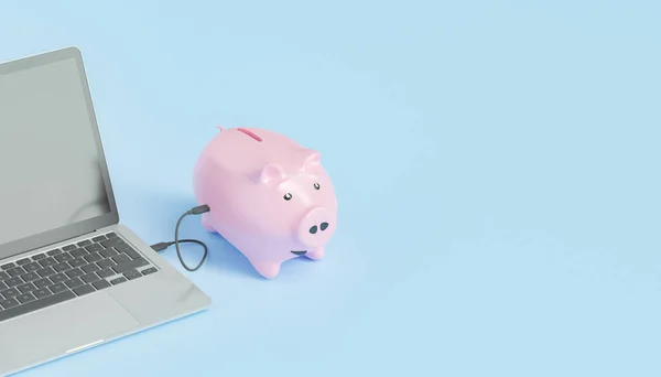 Ilustração Banco Piggy Conectado Portátil Moderno Através Fio Durante Processo — Fotografia de Stock