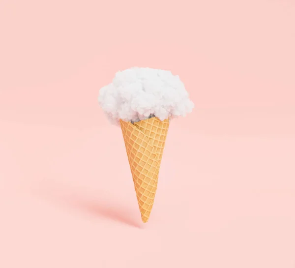 3D illustration of wafer cone with storm cloud in shape of ice cream against pink background