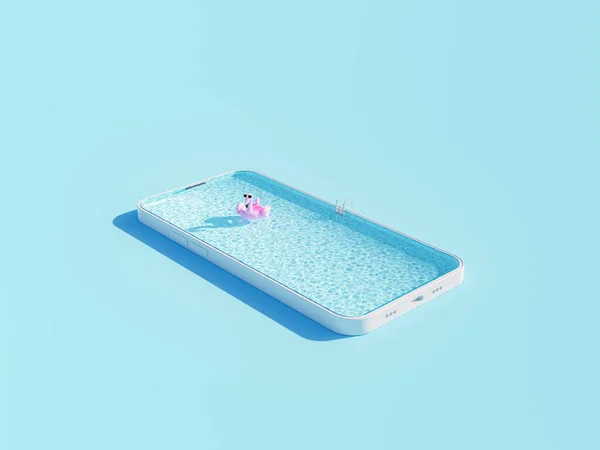 Creative Rendering Pink Inflatable Flamingo Rippling Swimming Pool Mobile Phone — Stock Fotó