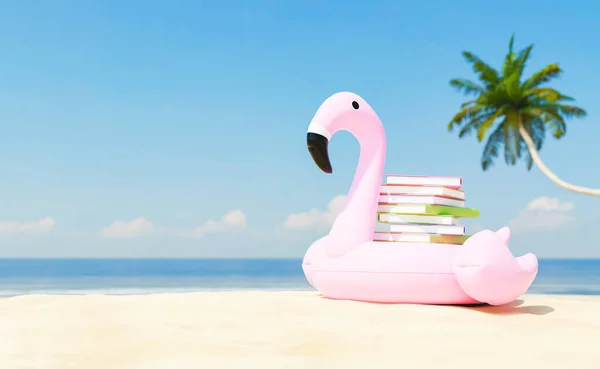 Rendering Pile Books Stacked Pink Inflatable Flamingo Places Sandy Beach — Φωτογραφία Αρχείου
