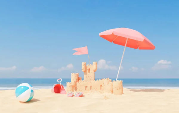 3D rendering of sandy castle with red umbrella inflatable ball flip flops and bucket and shovel on beach near wavy sea against bright blue sky on sunny day