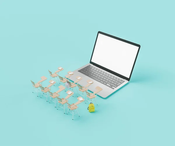 Illustration School Desks Arranged Rows Laptop Blank Screen Turquoise Background — 스톡 사진