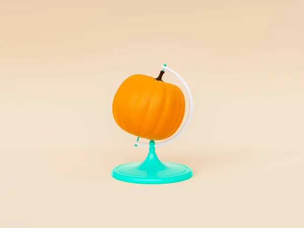 Creative Rendering Orange Pumpkin Shaped Desk Globe Beige Background Studio — Photo