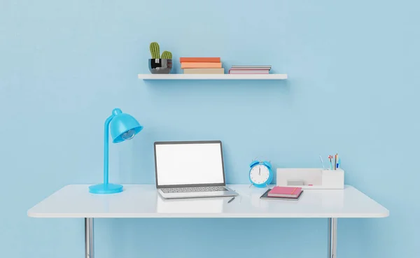 3D rendering of laptop with blank screen and lamp placed on desk with planner stationery and alarm clock at blue wall with shelf with stack of books and potted cactus