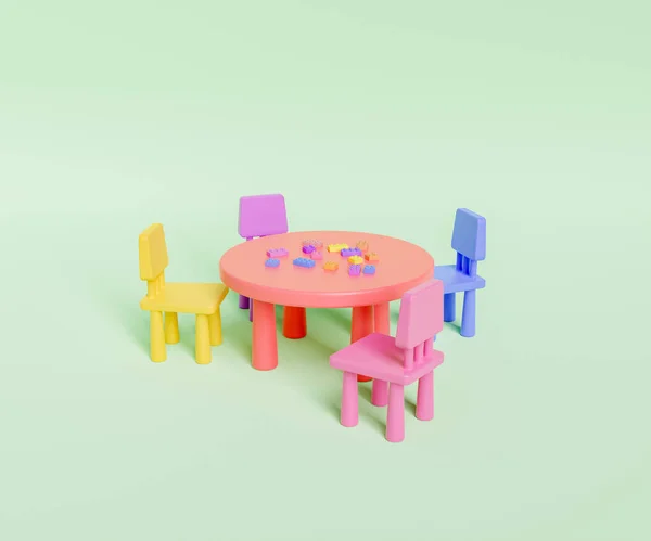 Rendering Small Colorful Kindergarten Chairs Placed Table Scattered Construction Toys — Photo
