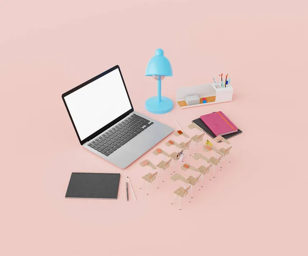 Rendering Large Laptop White Screen Lamp Notebooks Stationery Placed Pink — Fotografia de Stock