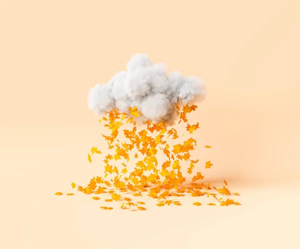 Altın akçaağaç yapraklarının yaratıcı 3D yorumlanması bej arka planda kabarık gri buluttan düşüyor