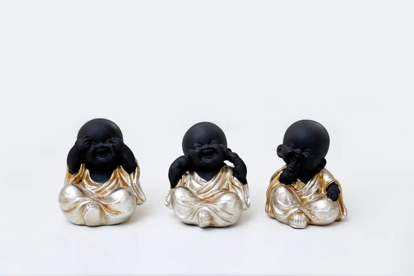 Três Budas Fantoches Sábios Negros Não Vêem Mal Não Ouvem — Fotografia de Stock
