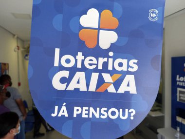 Minas Gerais, Brazil - April 25, 2022: lottery advertising board at lottery house - Loteria Caixa