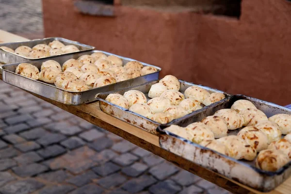 Cheese Bread Served Tin Tray Table Brazilian Food Selective Focus — Foto de Stock