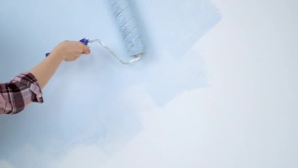 A young adult cheerful woman with blue paint using a roller. Repair and renovation of the design of home room apartment. DIY repair of the house. — Stock video