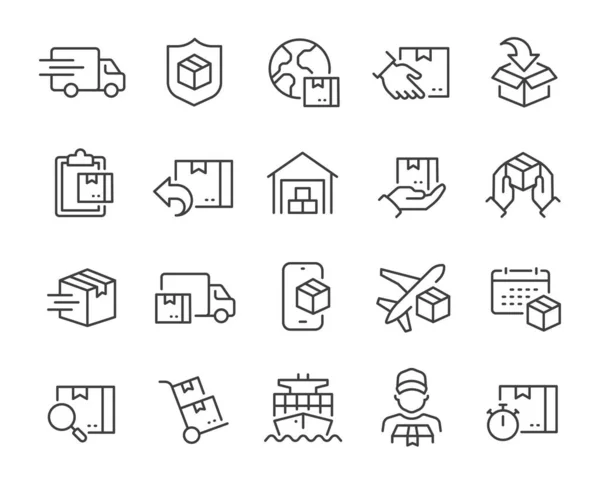 Ensemble d'icônes de livraison. Collection d'icônes web linéaires simples telles que l'expédition par avion maritime, la date de livraison, le courrier, l'entrepôt, le colis de recherche de retour, l'expédition rapide et d'autres courses vectorielles modifiables. — Image vectorielle