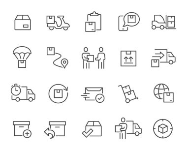 Sevkiyat ve Teslimat simgeleri ayarlandı. Kurye Teslimatı, Paket Teslimatı, Paket İzleme, Dönüş, Mektup Gönderme, Nakliye Bildirimi, Dünya çapında Nakliye ve diğerleri.