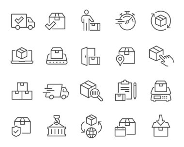Mal ikonlarının teslimatı ayarlandı. Parcels, Courier, Door Delivery, Fast, Track Parcel, Parcel Management, Conveyor Belt, Weighing, Worldwide, Inload and Dispatch ve diğerleri gibi. Düzenlenebilir vektör 