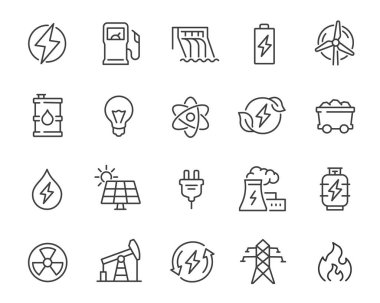 Enerji Simgeleri Ayarlandı. Elektrik, Güneş Panelleri, Baraj, Nükleer Enerji Santrali, Eko Enerji, Petrol, Kömür, Gaz ve diğerleri.