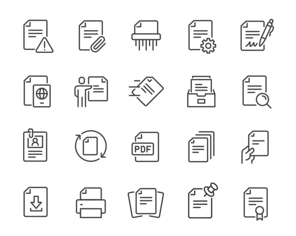 Belge simgeleri ayarlandı. Arşiv, Shredder, Printer, Send, Print, Format, Search, Özelleştirme, İndirme, İmzalama Belgesi ve diğerleri gibi basit doğrusal web simgeleri koleksiyonu. Düzenlenebilir vektör vuruşu.