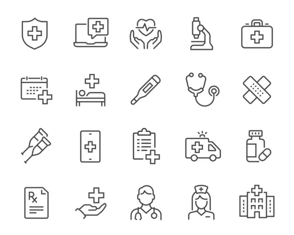 Medical Icons Set. Such as Doctor, Nurse, Ambulance, Pills, Hospital, Prescription, Thermometer, and others. Editable vector stroke. — Stock Vector