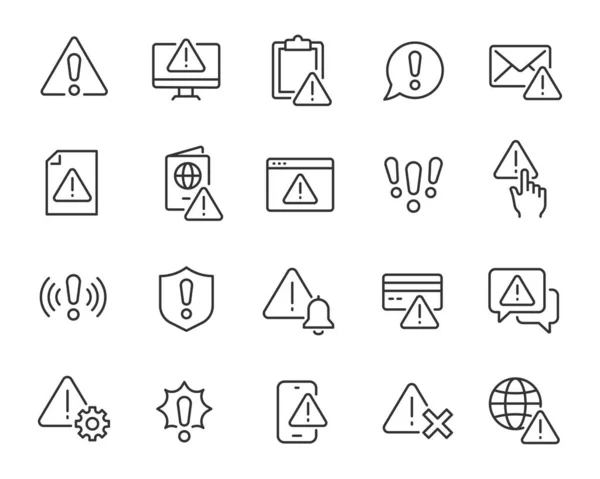 Conjunto de iconos de advertencia. Colección de iconos web lineales simples como Marca de Exclamación, Signo de Advertencia, Seguridad, Error, Ataque, Detener, Notificación y otros. Carrera vectorial editable. — Archivo Imágenes Vectoriales