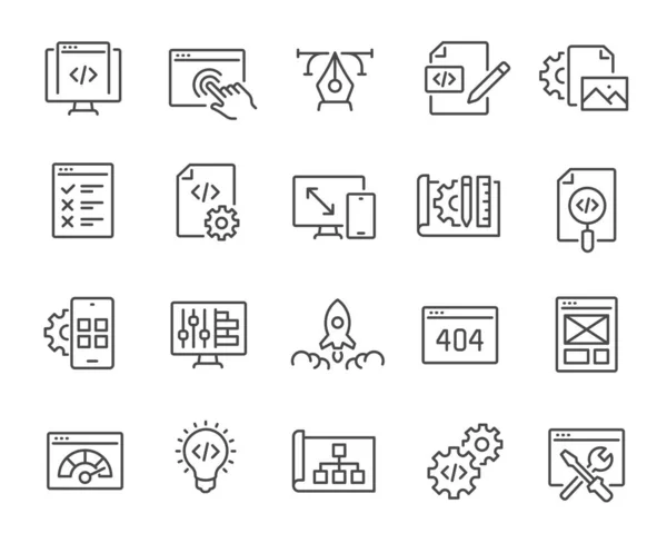 Web Development Icons Set. Come il lancio del progetto, la gerarchia del codice, il test dei bug, la progettazione del sito Web, l'applicazione mobile, le impostazioni e altri. Corsa vettoriale modificabile. — Vettoriale Stock