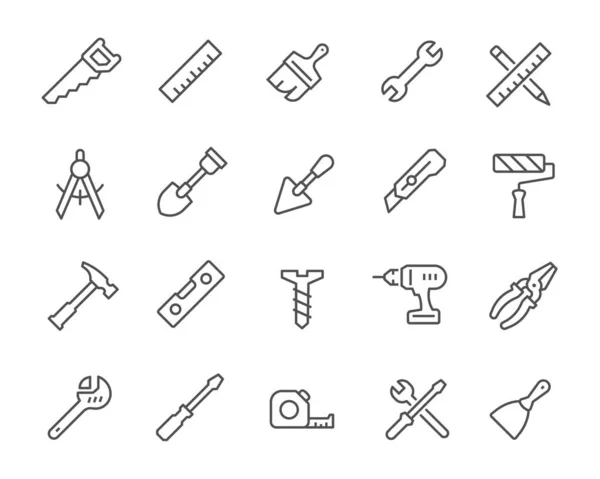 Construction Tools Icons Set. Such as, Drill, Level, Wrench, Brush, Spatula, Hammer and others — Stock Vector
