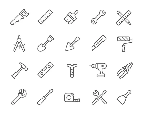 Strumenti di costruzione Icone Set. Come, trapano, Livello, Chiave, Pennello, Spatola, Martello e altri — Vettoriale Stock