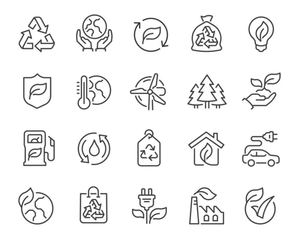 Ecology Icons Set. Collection of linear simple web icons such as Recycling, Alternative Energy Source, Ecohouse, Environmental Protection, Global Warming and other. Editable vector stroke. — Stock Vector