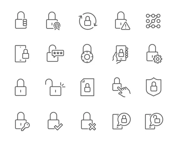 Встановлено Ікони. Наприклад, паролі, ключі, управління замком, встановлення, відкритий і закритий шнур та інші. Editable Vector Stroke — стоковий вектор