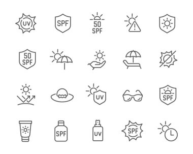 Sun Protection Icons Set. Such as, UV protection, Headwear, Sunscreen, Sunglasses and others. Editable vector stroke.