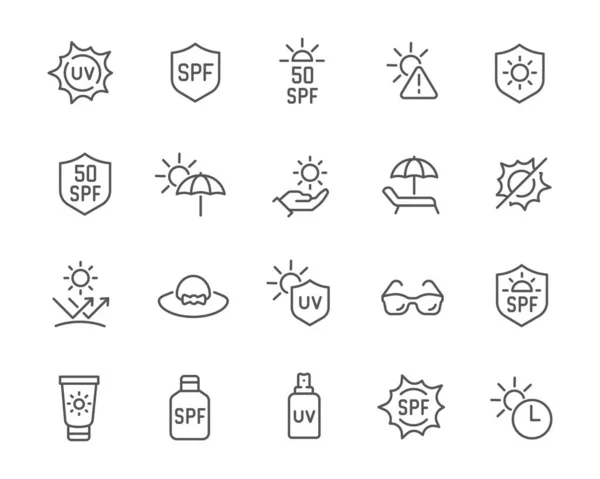 Sun Protection Icons Set. Such as, UV protection, Headwear, Sunscreen, Sunglasses and others. Editable vector stroke.