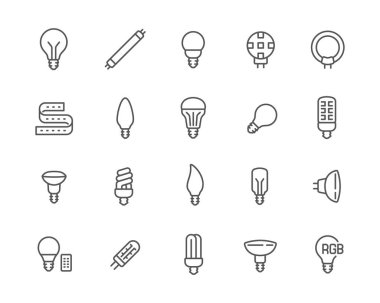 Ampullerle ilgili basit simgeler. Incandescent, Halogen, Floresan, LED, Smart Lamps ve diğerleri gibi. Düzenlenebilir vektör vuruşu. Vektör illüstrasyonu