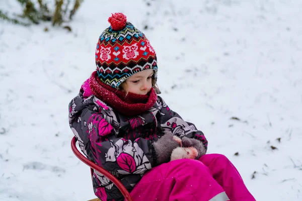 Pensive Child Sitting Sledging Winter Activities Children — Stockfoto