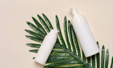 Yüz güzelliği ürünü ve bej arka planda tropikal yaprak. Güzellik, kaplıca ve sağlık konsepti