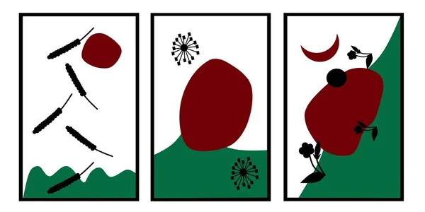 Sada Tři Květinové Čáry Umění Organické Tvary Nástěnné Umění Červená — Stockový vektor