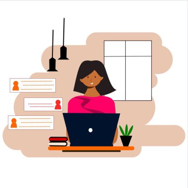 Dizüstü bilgisayarı olan kız figürü. Kadınlar evden, okul evden, serbest çalışan ve tasarımcı..