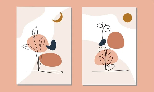 Conjunto Dos Flores Arte Línea Formas Orgánicas Arte Pared Decoración — Vector de stock