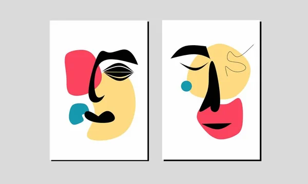 Set Zwei Der Abstrakten Frauen Gesicht Wandkunst Jahrgänge Porträt Wanddekor — Stockvektor